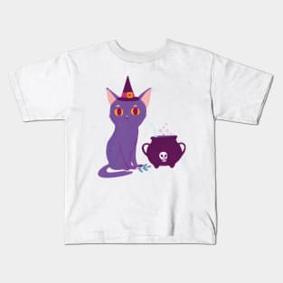 Black cat making a potion. Illustration art print Kids T-Shirt